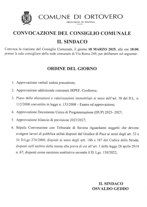 Convocazione Consiglio comunale: l'ordine del giorno